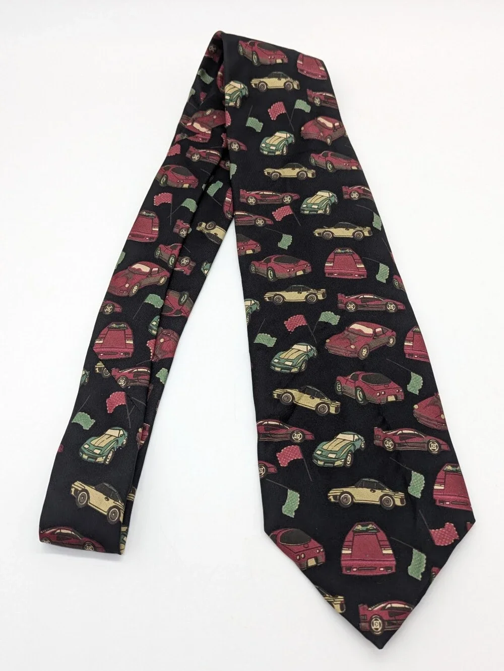 Vintage Expressions Black Red Yellow Car Novelty Print Silk Tie